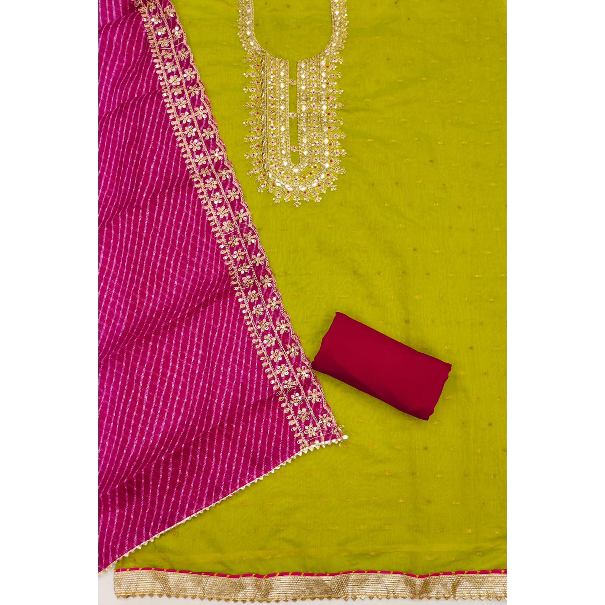 Green Woven With Sequins Embroidered Chanderi Dress Material