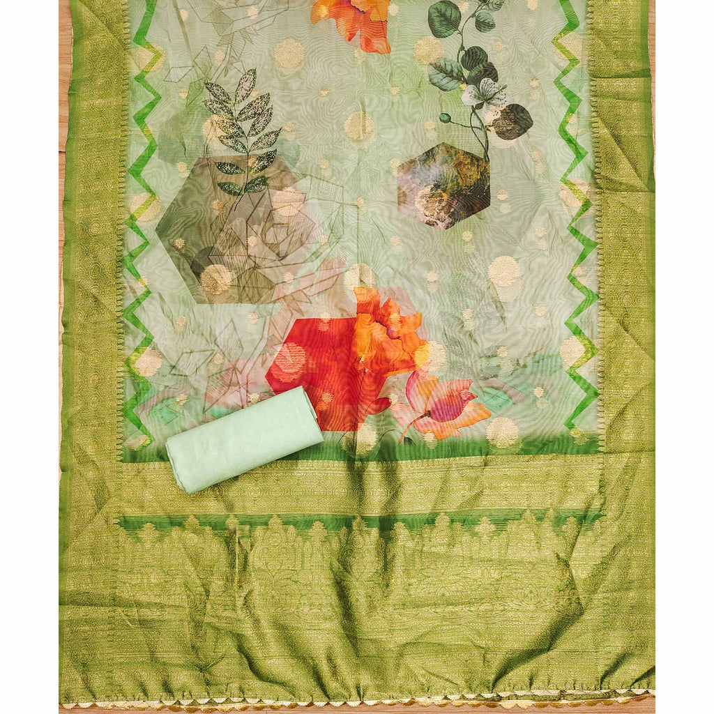 Green Woven Work Organza Dress Material