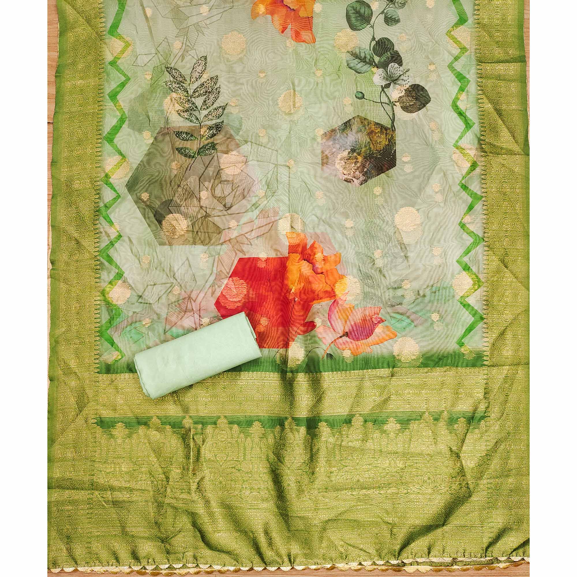 Green Woven Work Organza Dress Material