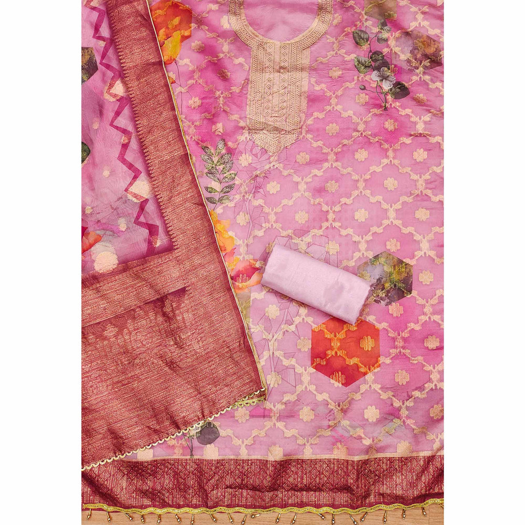 Pink Woven Work Organza Dress Material