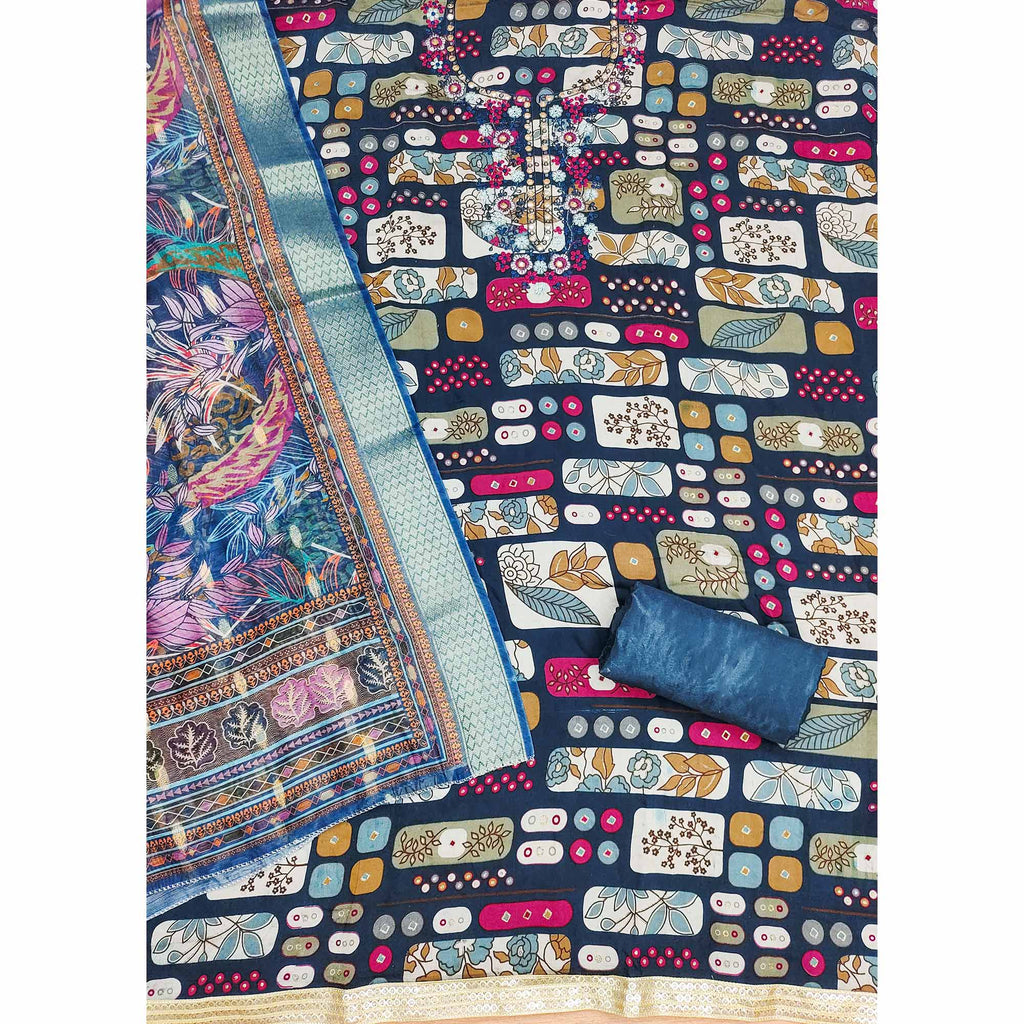 Blue Floral Printed Pure Cotton Dress Material