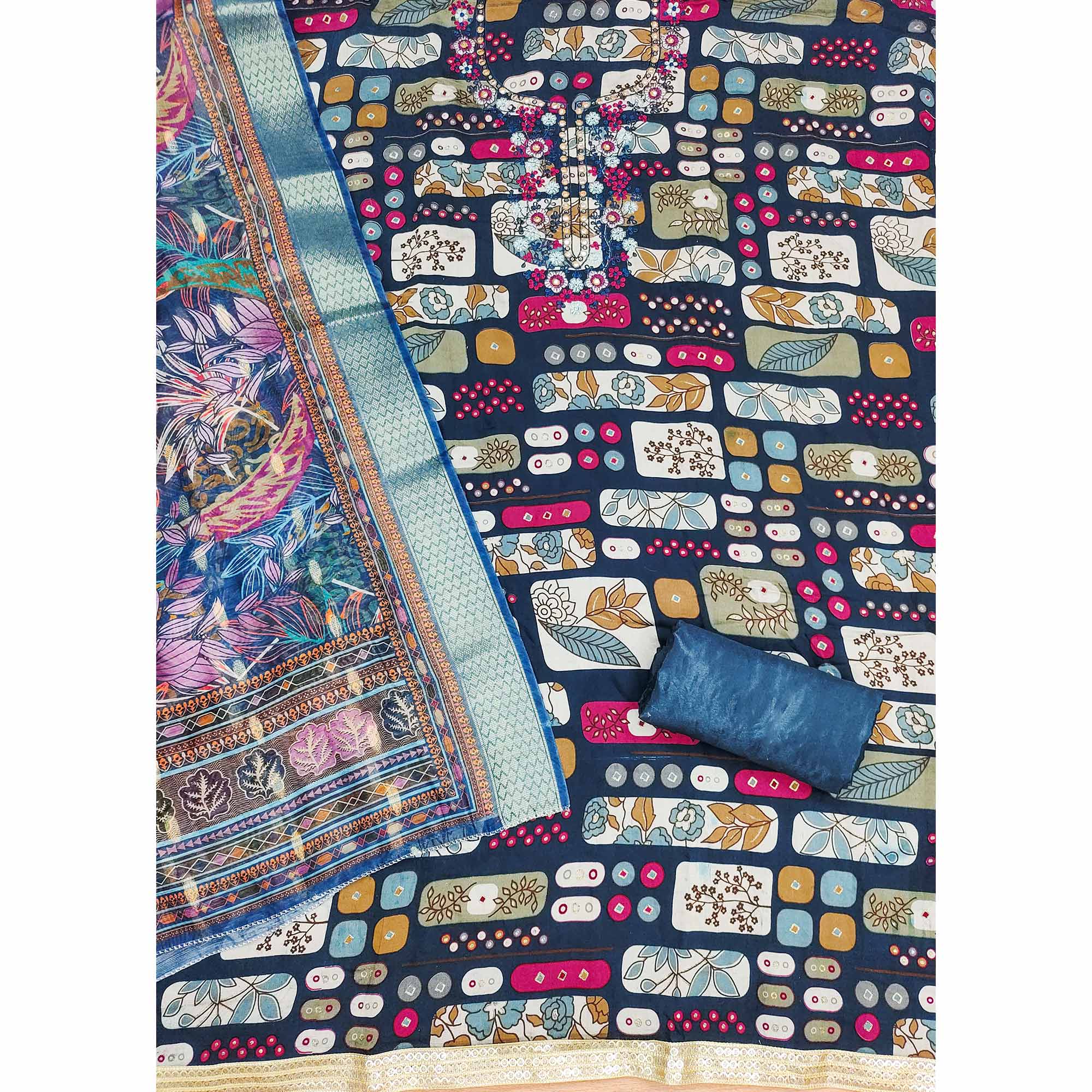 Blue Floral Printed Pure Cotton Dress Material