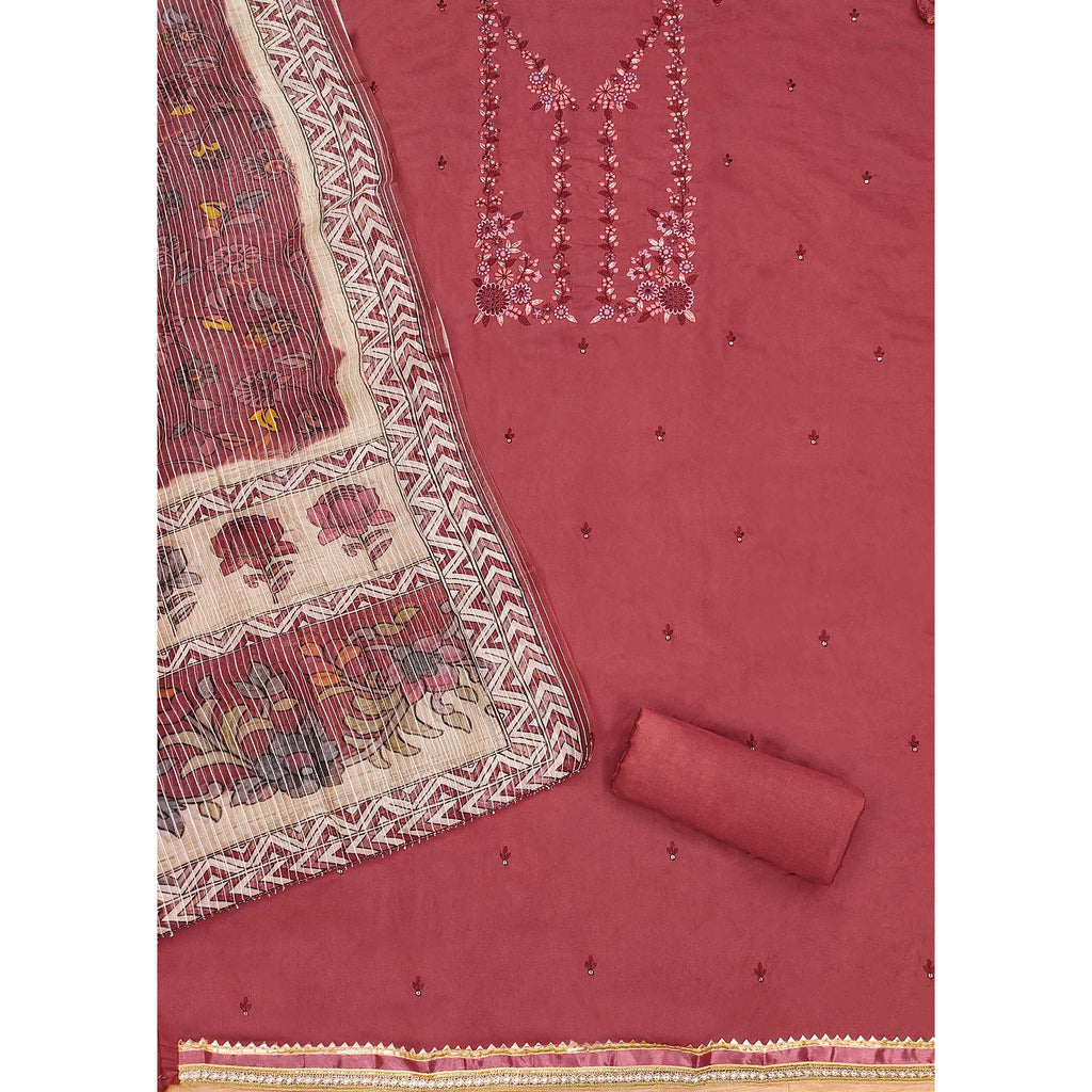Gajari Pink  Floral Embroidered Chanderi Silk Dress Material