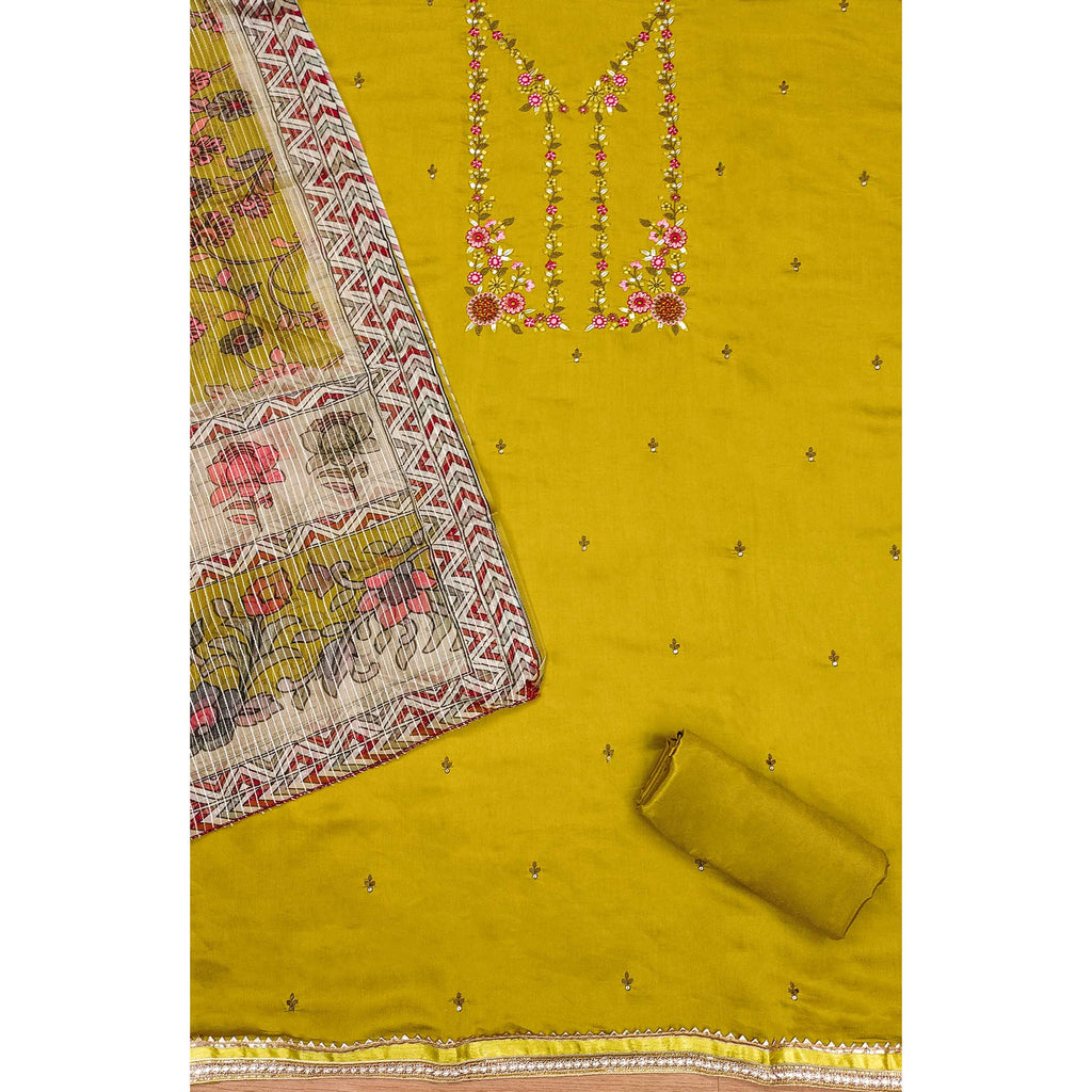 Mustard Floral Embroidered Chanderi Silk Dress Material