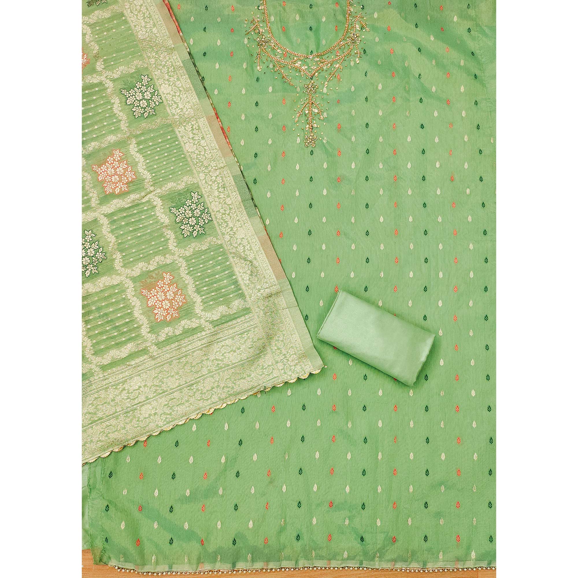 Pista Green Woven With Handwork Simmer Jacquard Dress Material