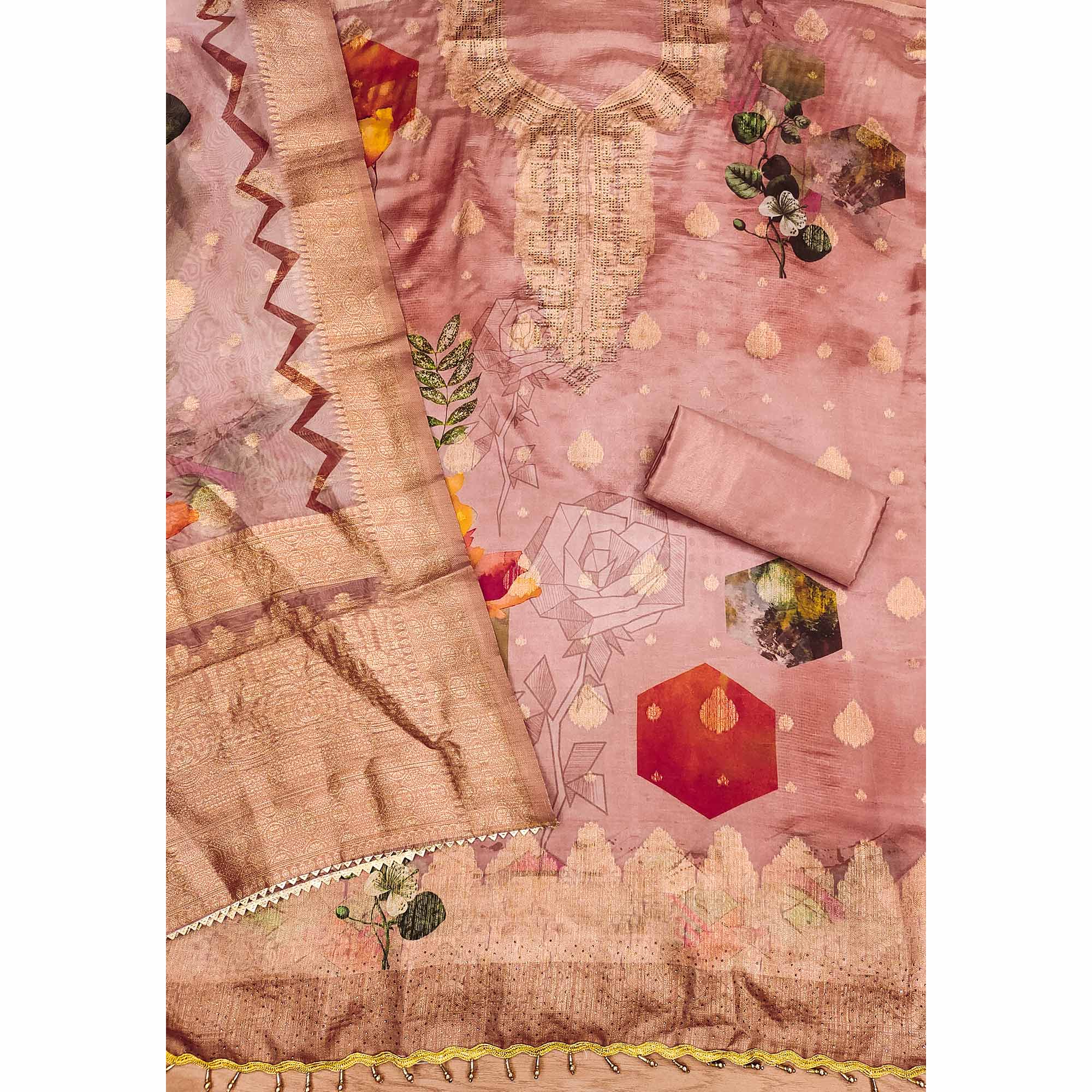 Peach Woven With Digital Printed & Swarovski Organza Dress Material