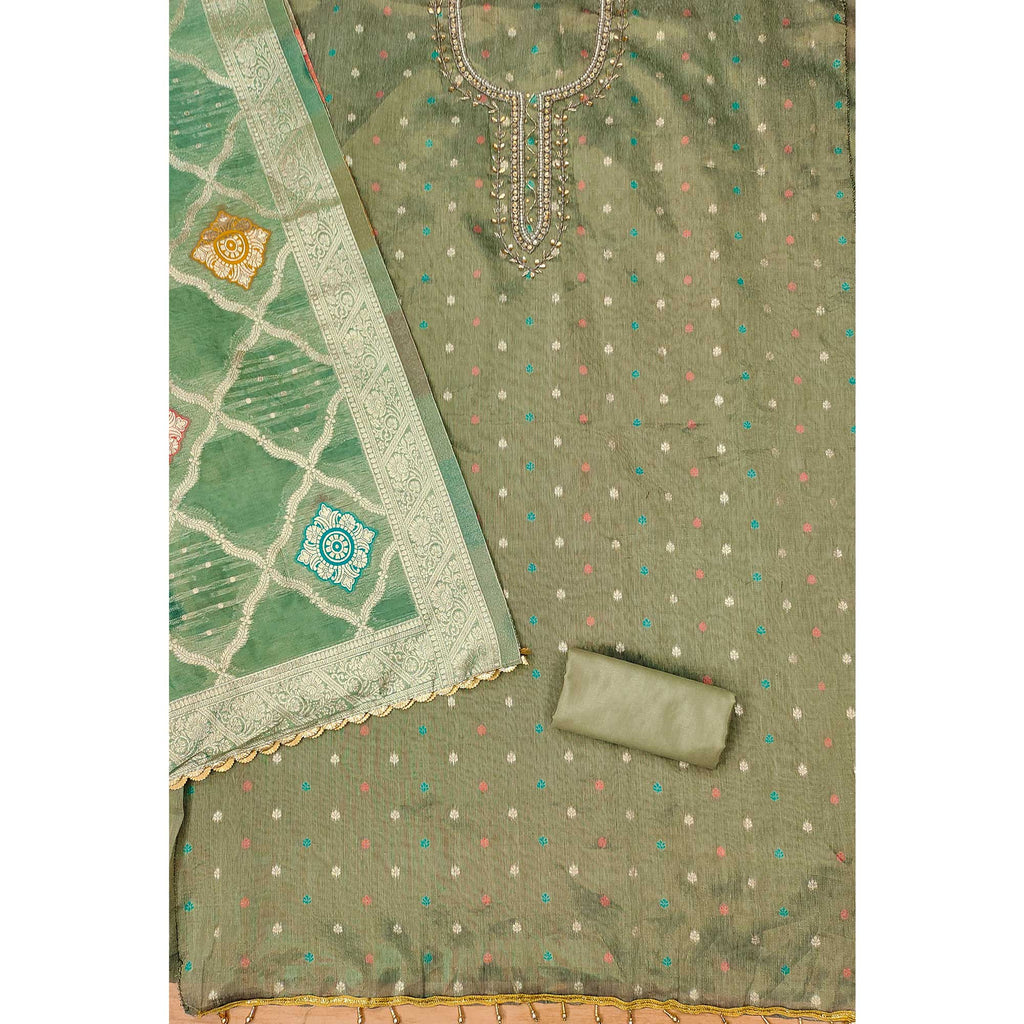Green Woven With Handwork Simmer Jacquard Dress Material