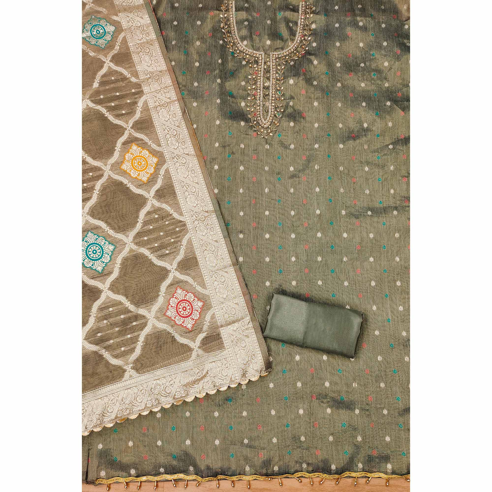 Grey Woven With Handwork Simmer Jacquard Dress Material