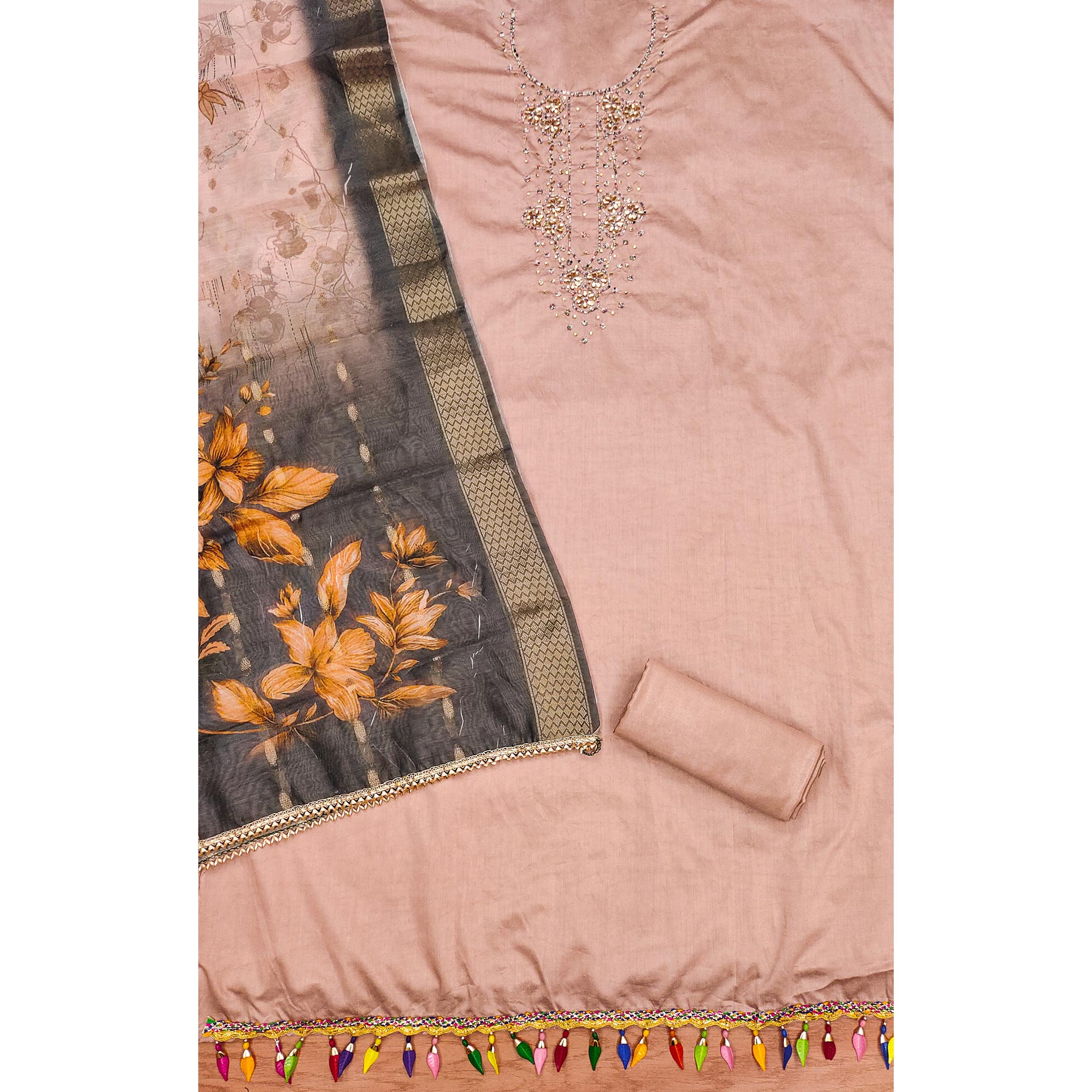 Peach Floral Handwork Cotton Silk Dress Material