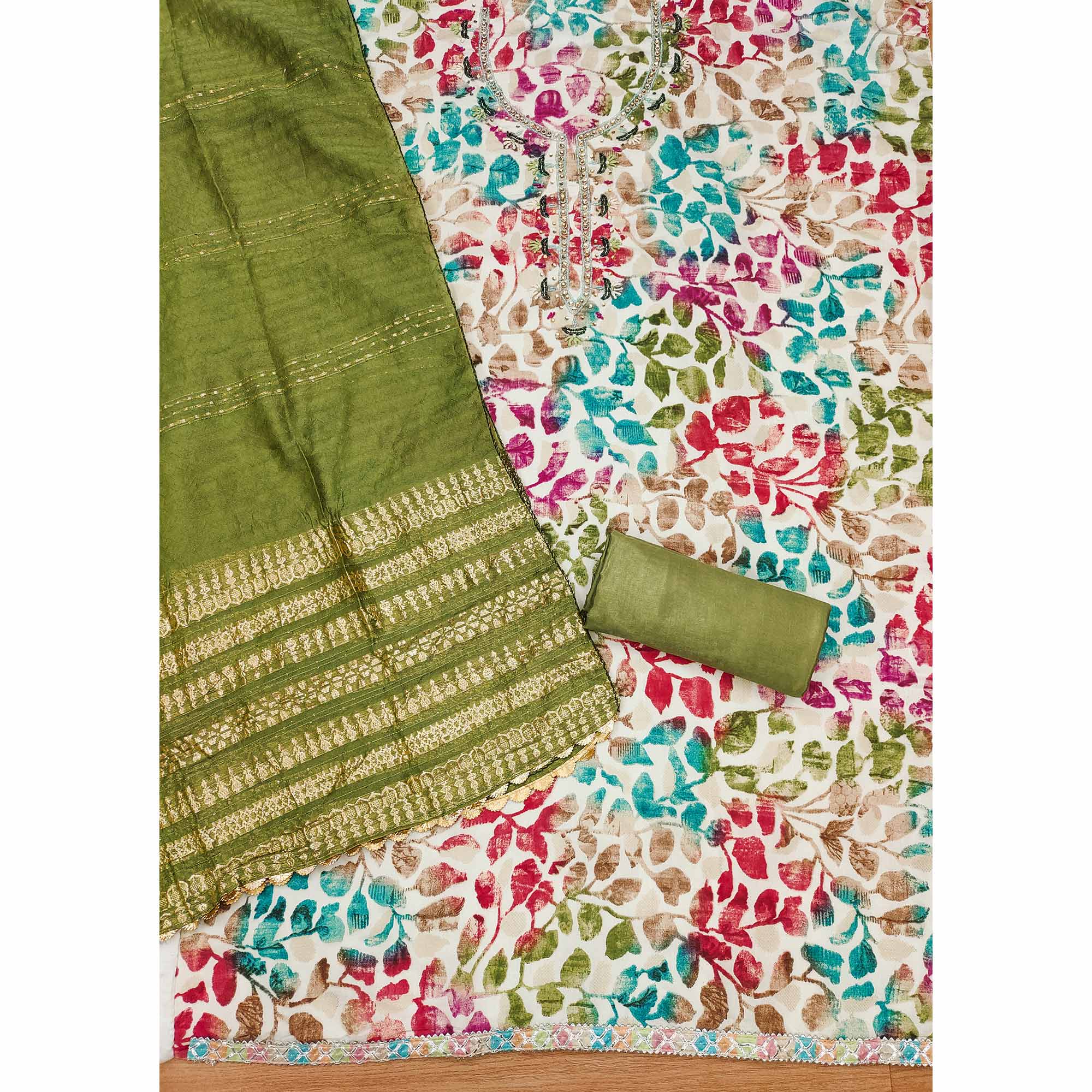Green Floral Foil Printed With Handwork Modal Cotton Silk Dress Material