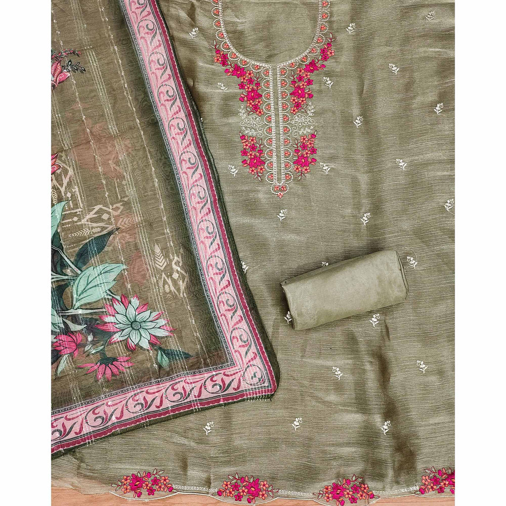 Mehendi Green Floral Sequins Embroidered Art Silk Dress Material