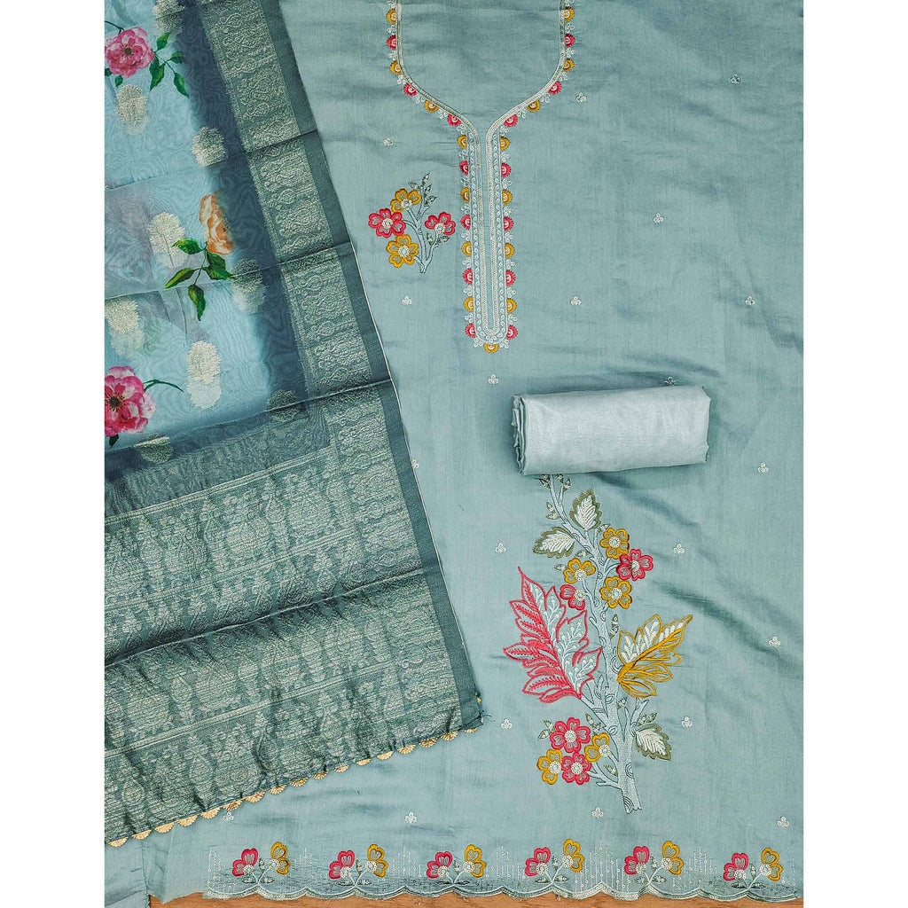 Blue Floral Sequins Embroidered Cotton Roman Silk Dress Material