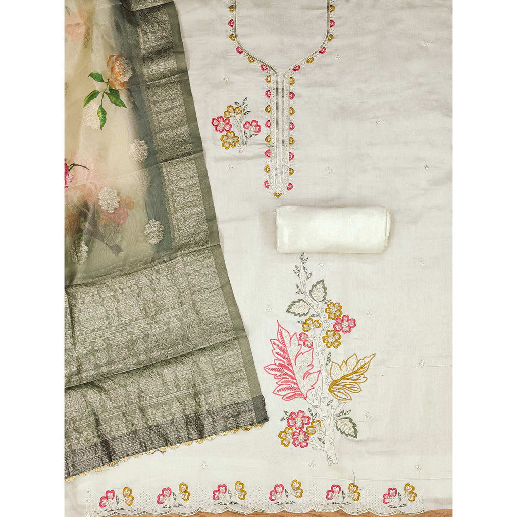 Cream Floral Sequins Embroidered Cotton Roman Silk Dress Material