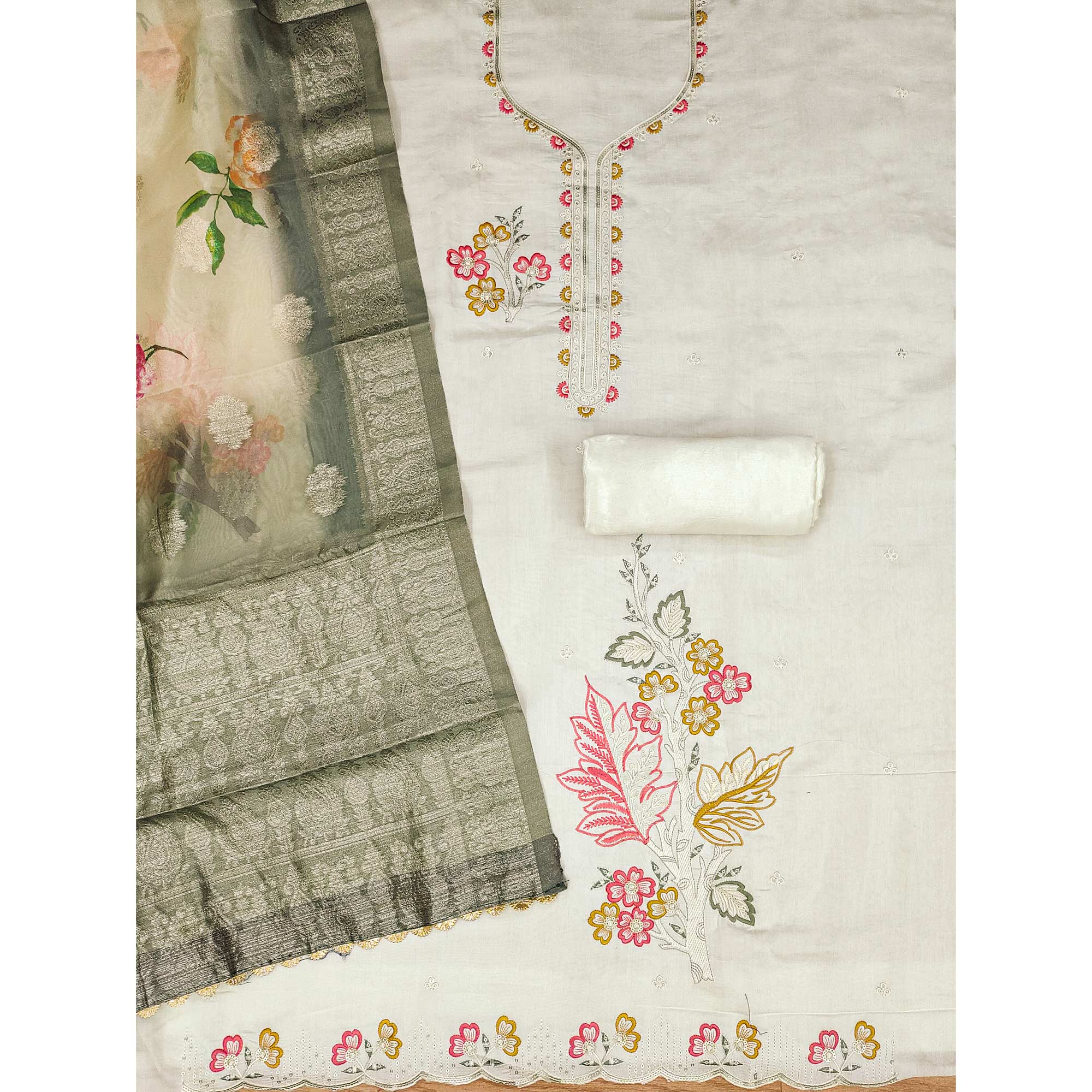 Cream Floral Sequins Embroidered Cotton Roman Silk Dress Material