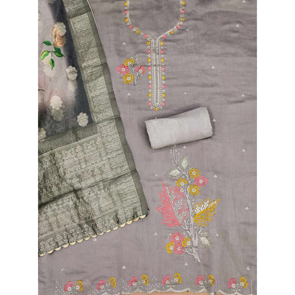 Grey Floral Sequins Embroidered Cotton Roman Silk Dress Material