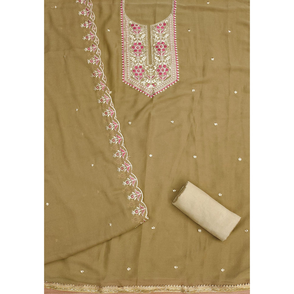 Chikoo Floral Sequins Embroidered Georgette Dress Material