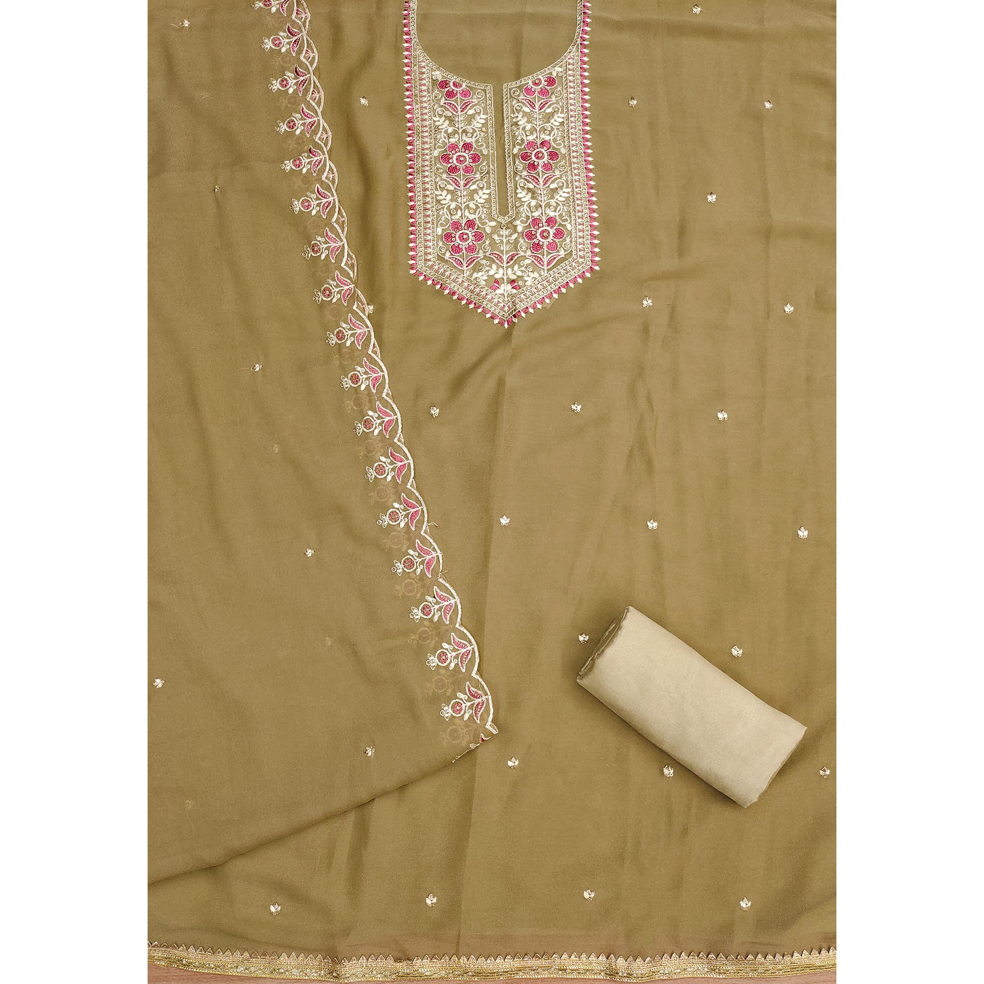 Chikoo Floral Sequins Embroidered Georgette Dress Material