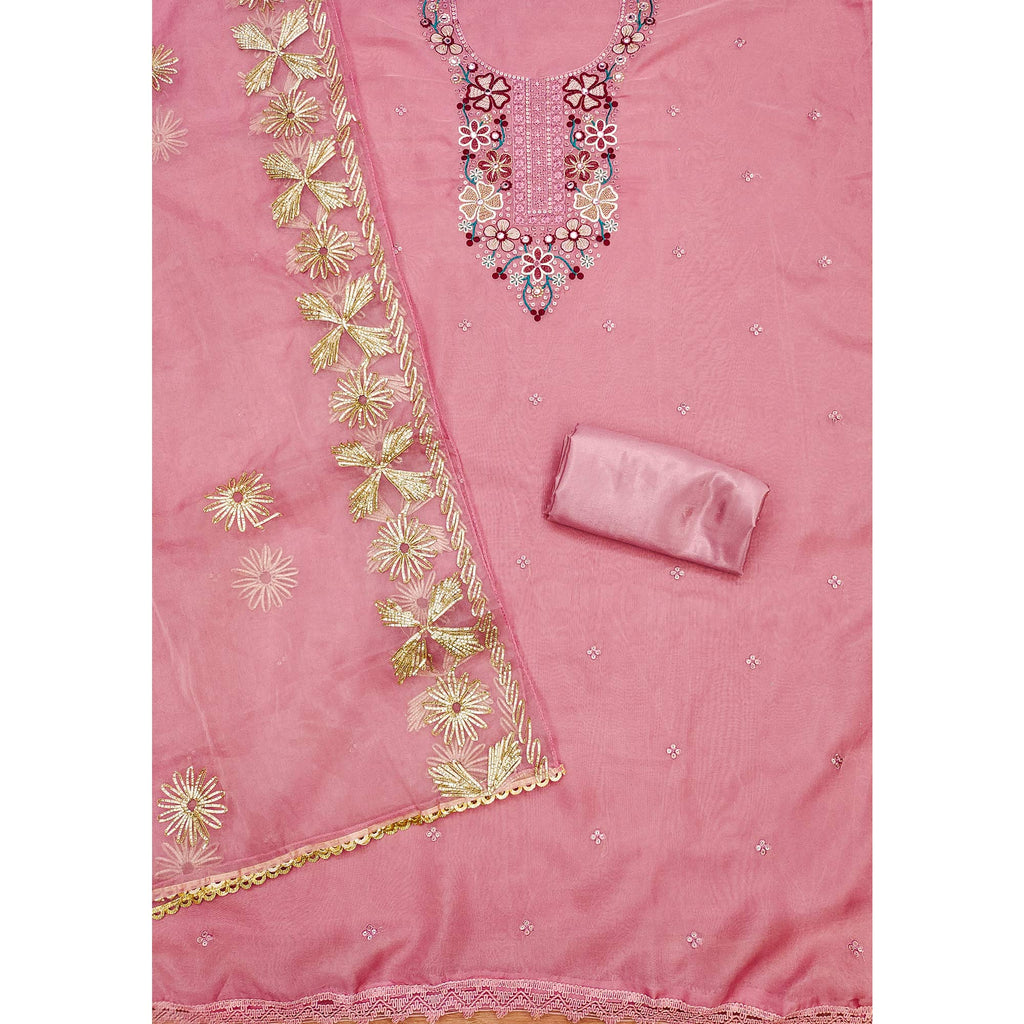 Pink Floral Embroidered Soft Organza Dress Material