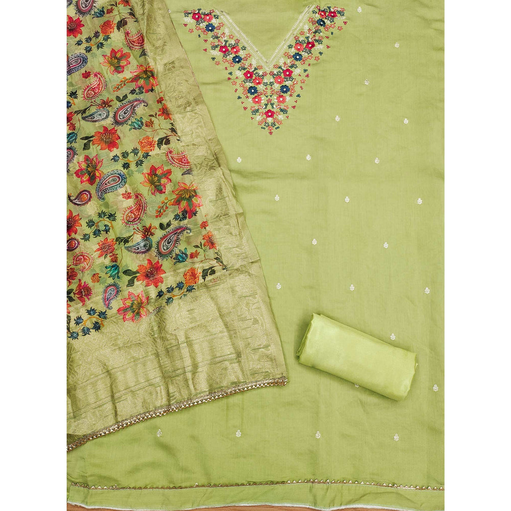 Green Floral Embroidered Roman Cottom Silk Dress Material