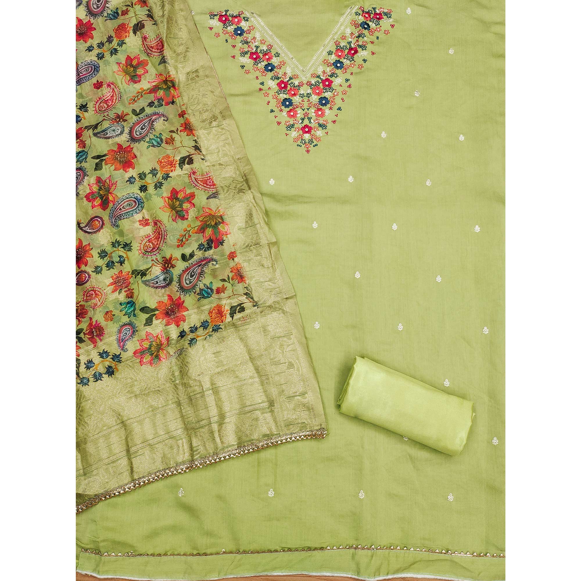 Green Floral Embroidered Roman Cottom Silk Dress Material