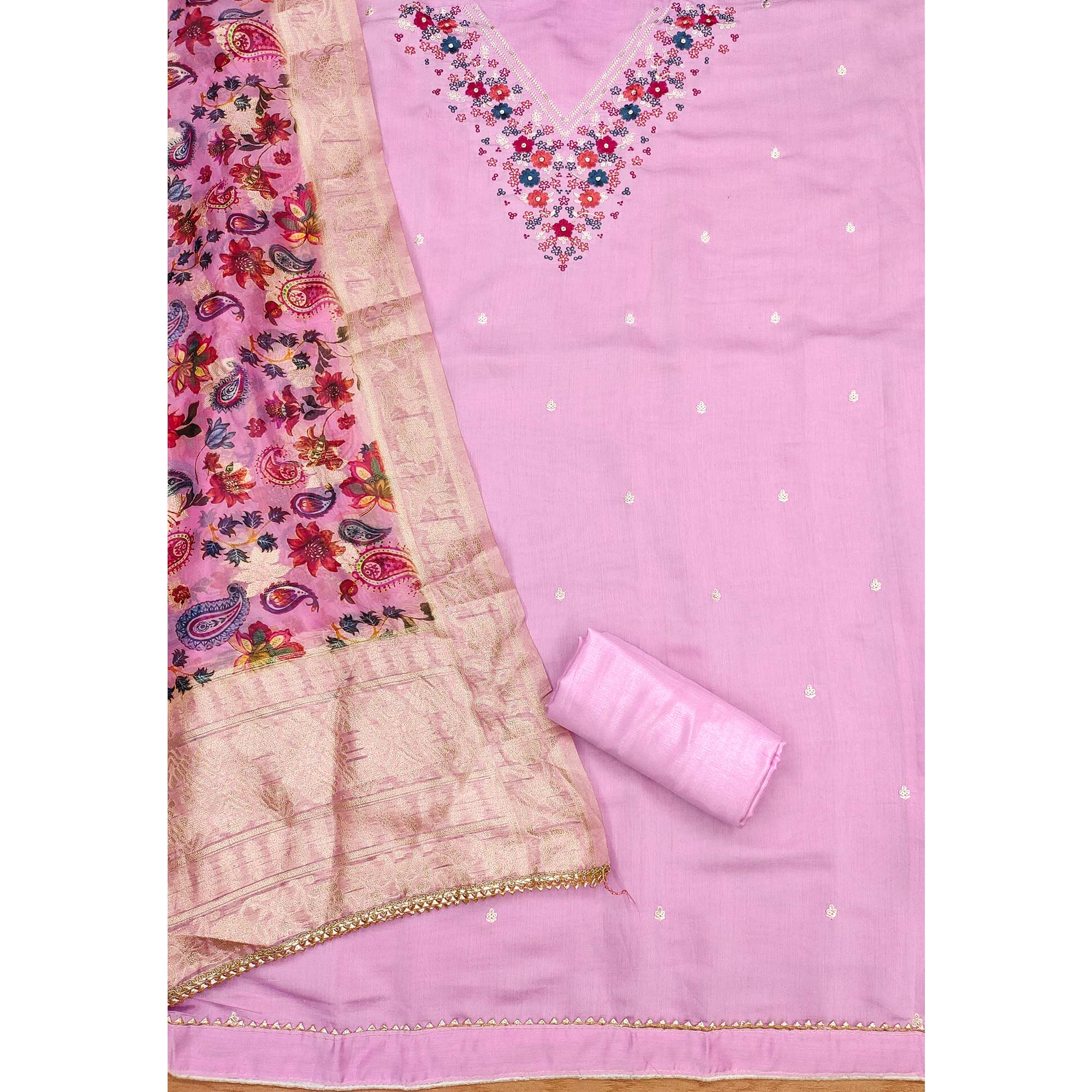 Pink Floral Embroidered Roman Cottom Silk Dress Material