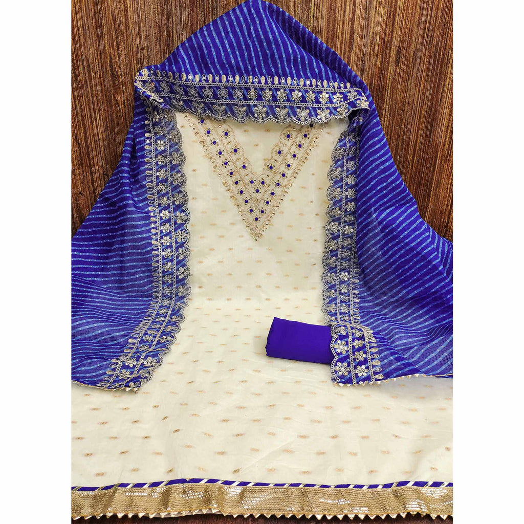 Off White & Blue Embroidered Chanderi Dress Material