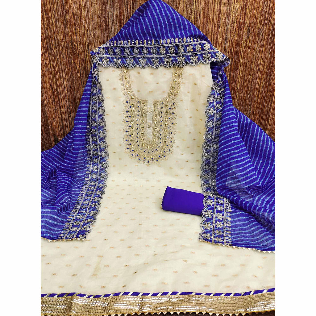 Off White & Blue Embroidered Chanderi Dress Material