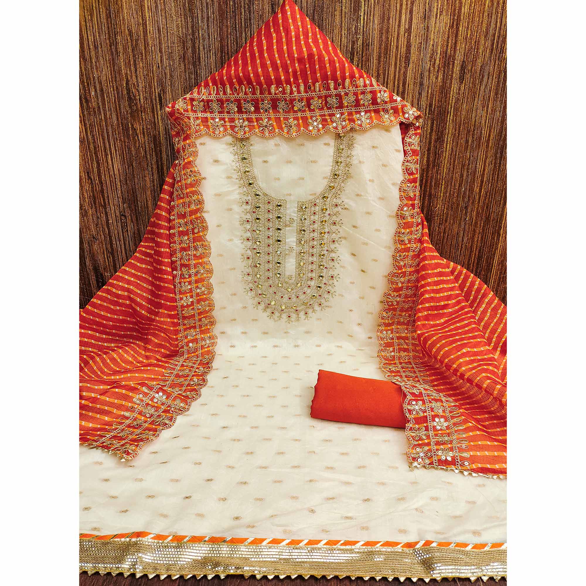 Off White & Orange Embroidered Chanderi Dress Material