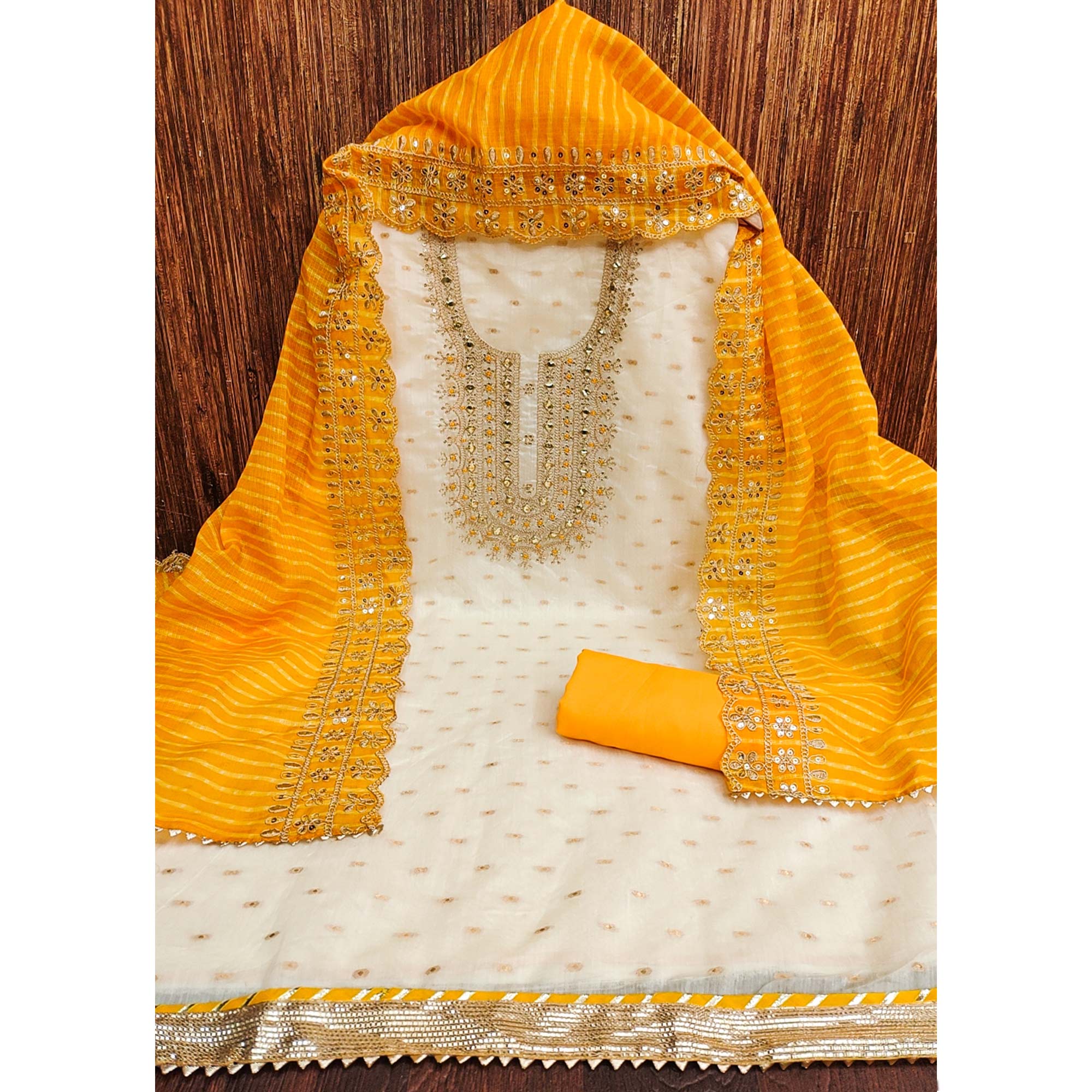 Off White & Yellow Embroidered Chanderi Dress Material