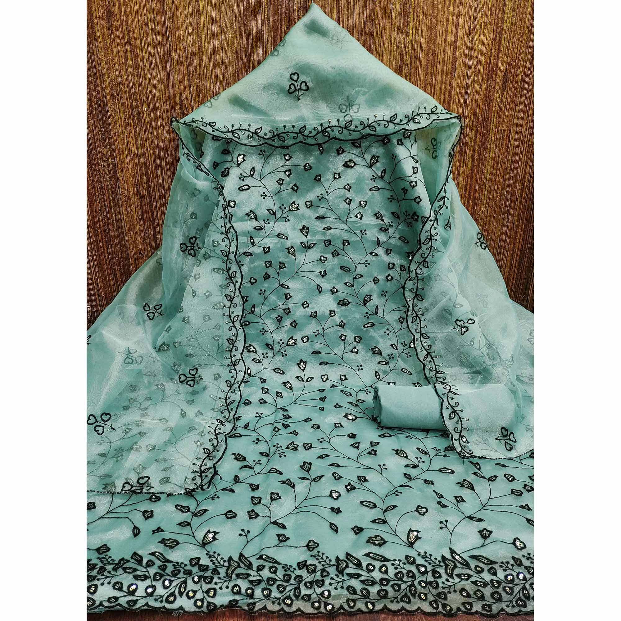 Blue Floral Sequins Embroidered Organza Dress Material