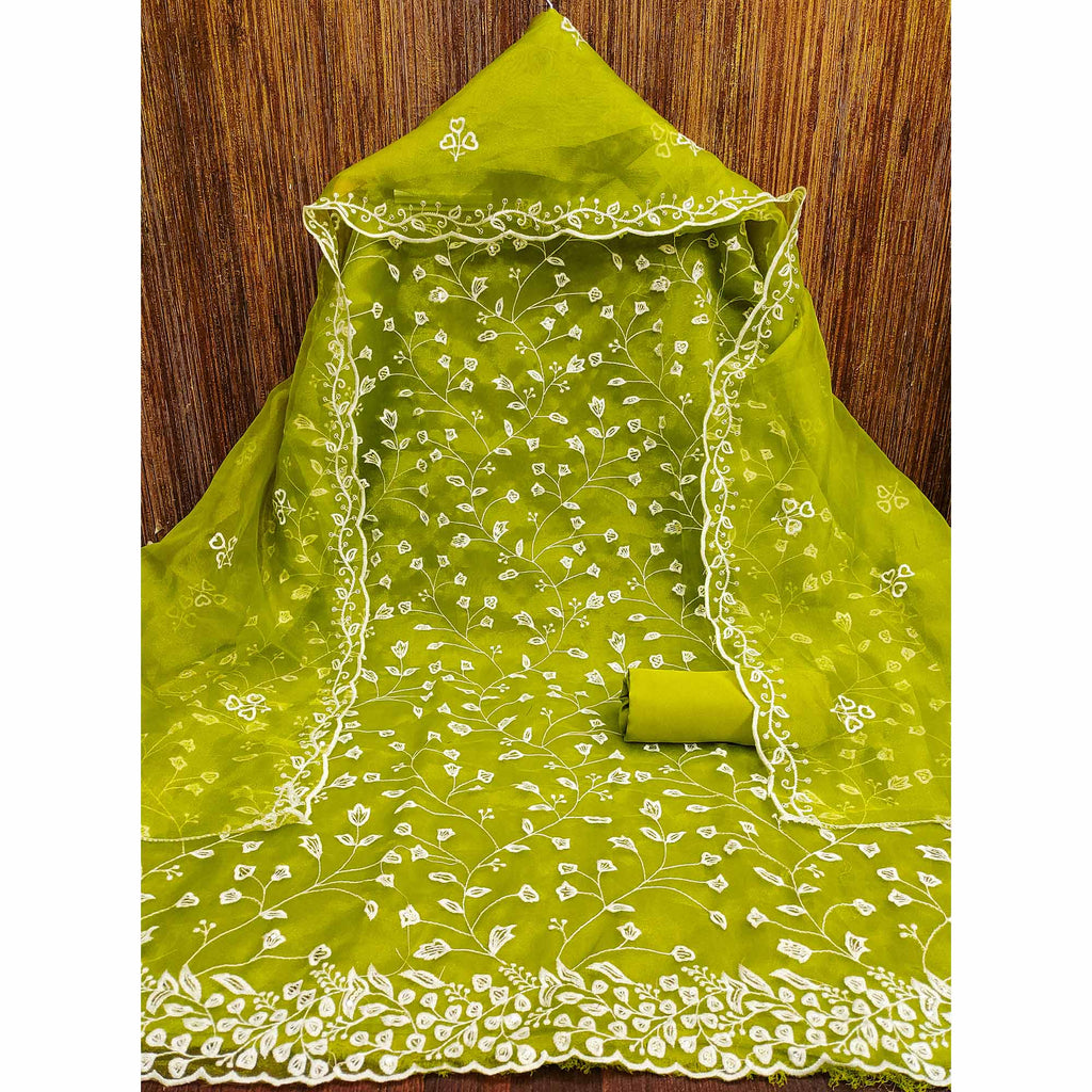 Parrot Green Floral Sequins Embroidered Organza Dress Material
