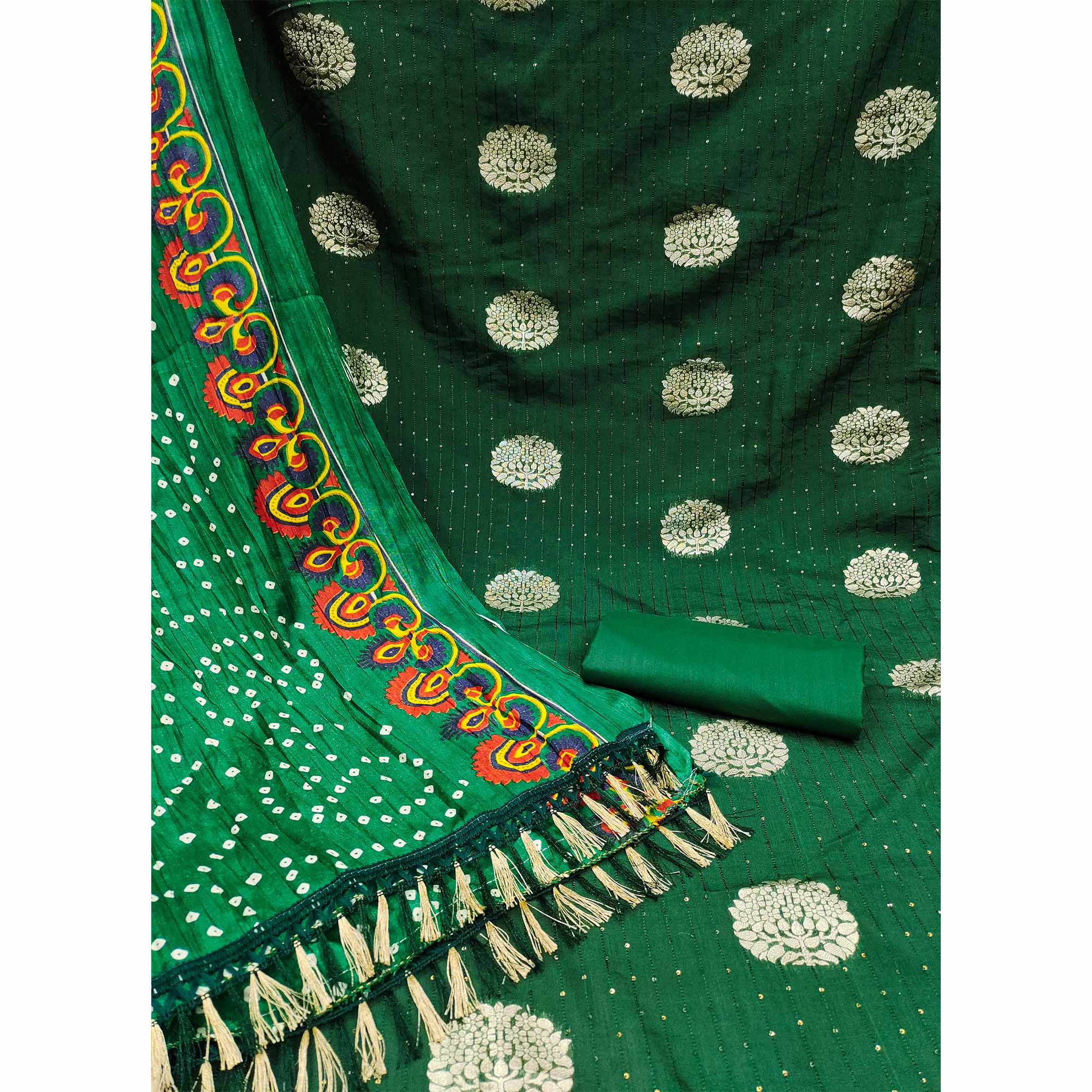 Green Sequins Embroidered With Woven Jacquard Dress Material