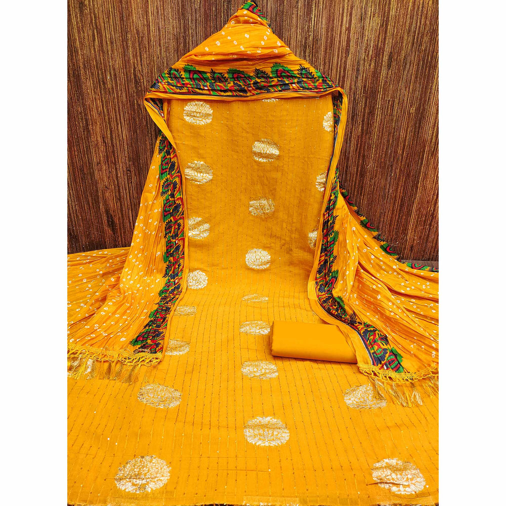 Mustard Sequins Embroidered With Woven Jacquard Dress Material