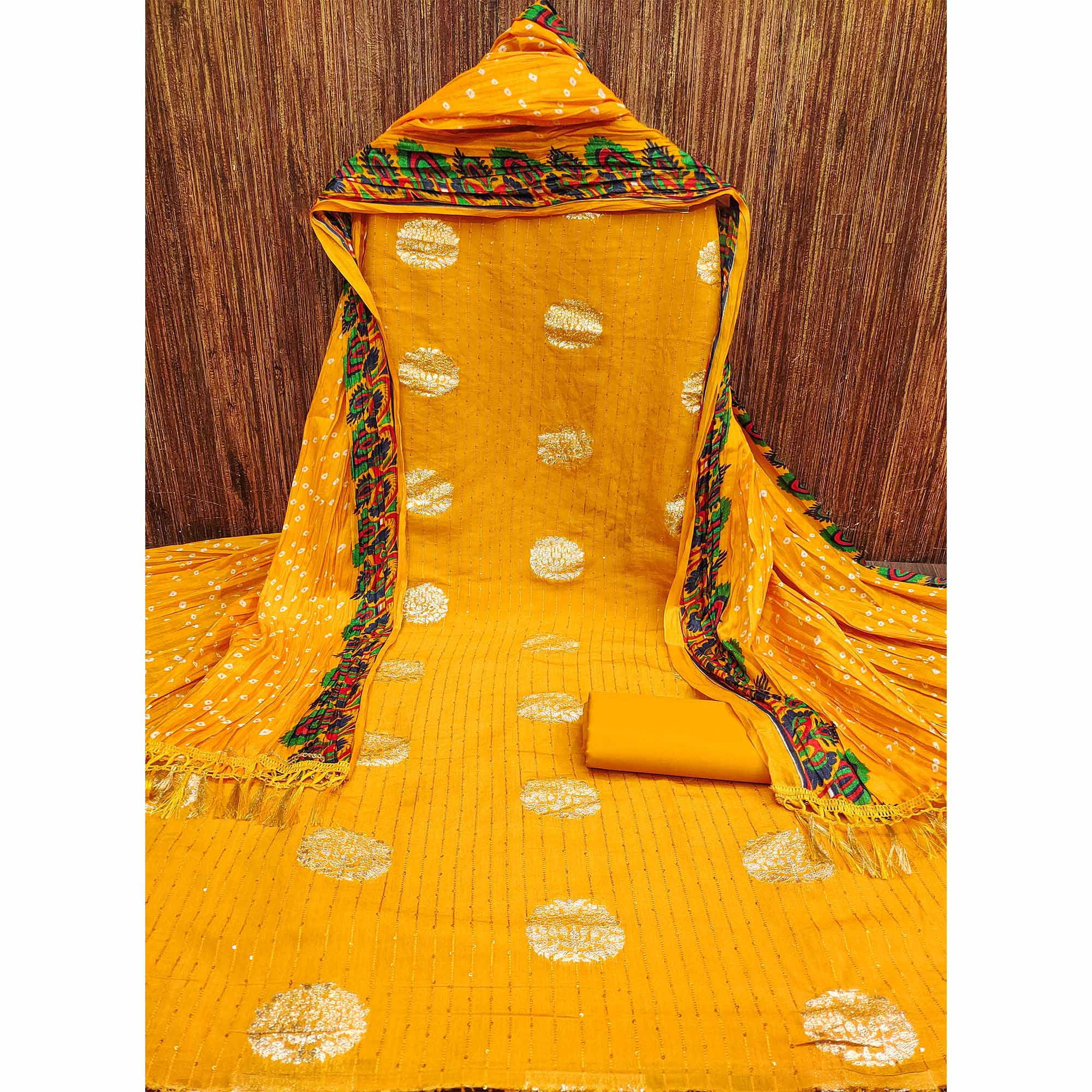 Mustard Sequins Embroidered With Woven Jacquard Dress Material