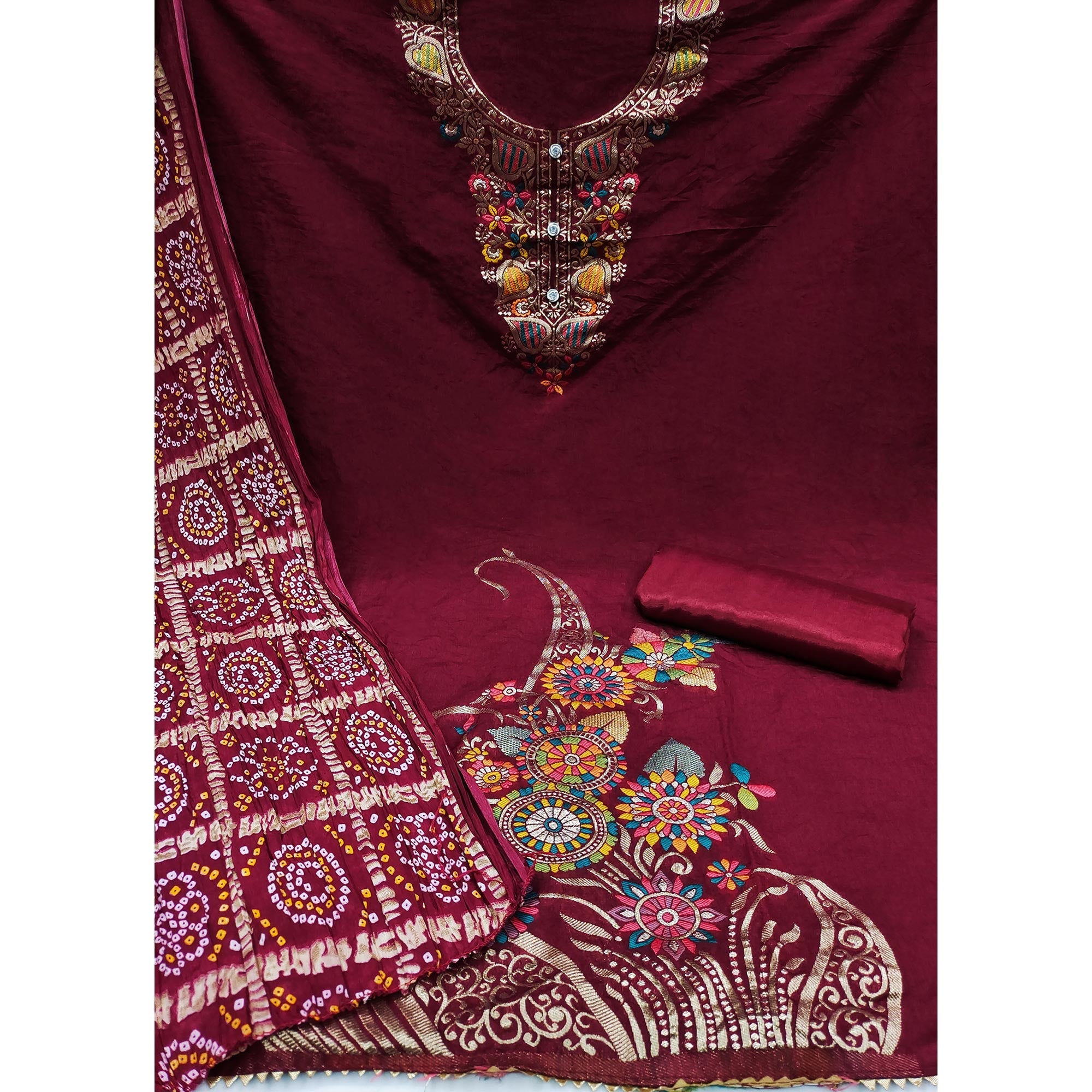 Maroon Floral Woven Chanderi Jacquard Dress Material