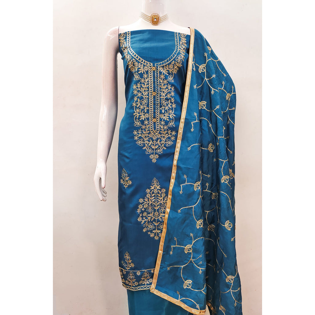 Blue Floral Embroidered Art Silk Dress Material