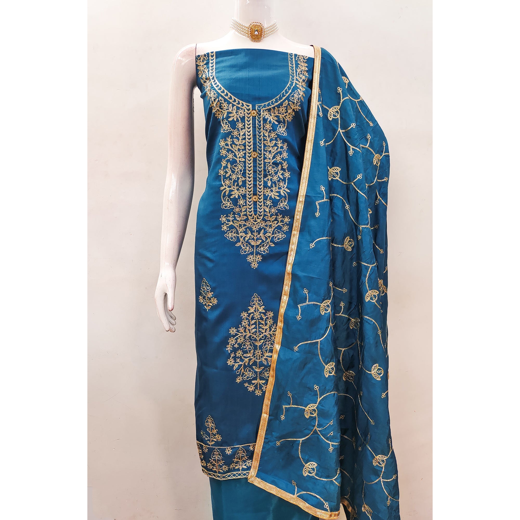 Blue Floral Embroidered Art Silk Dress Material