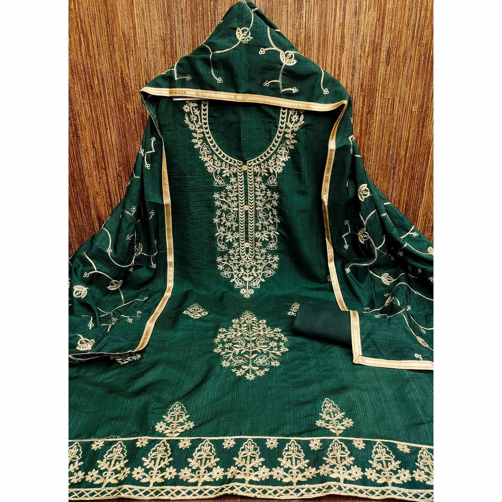 Green Floral Embroidered Art Silk Dress Material