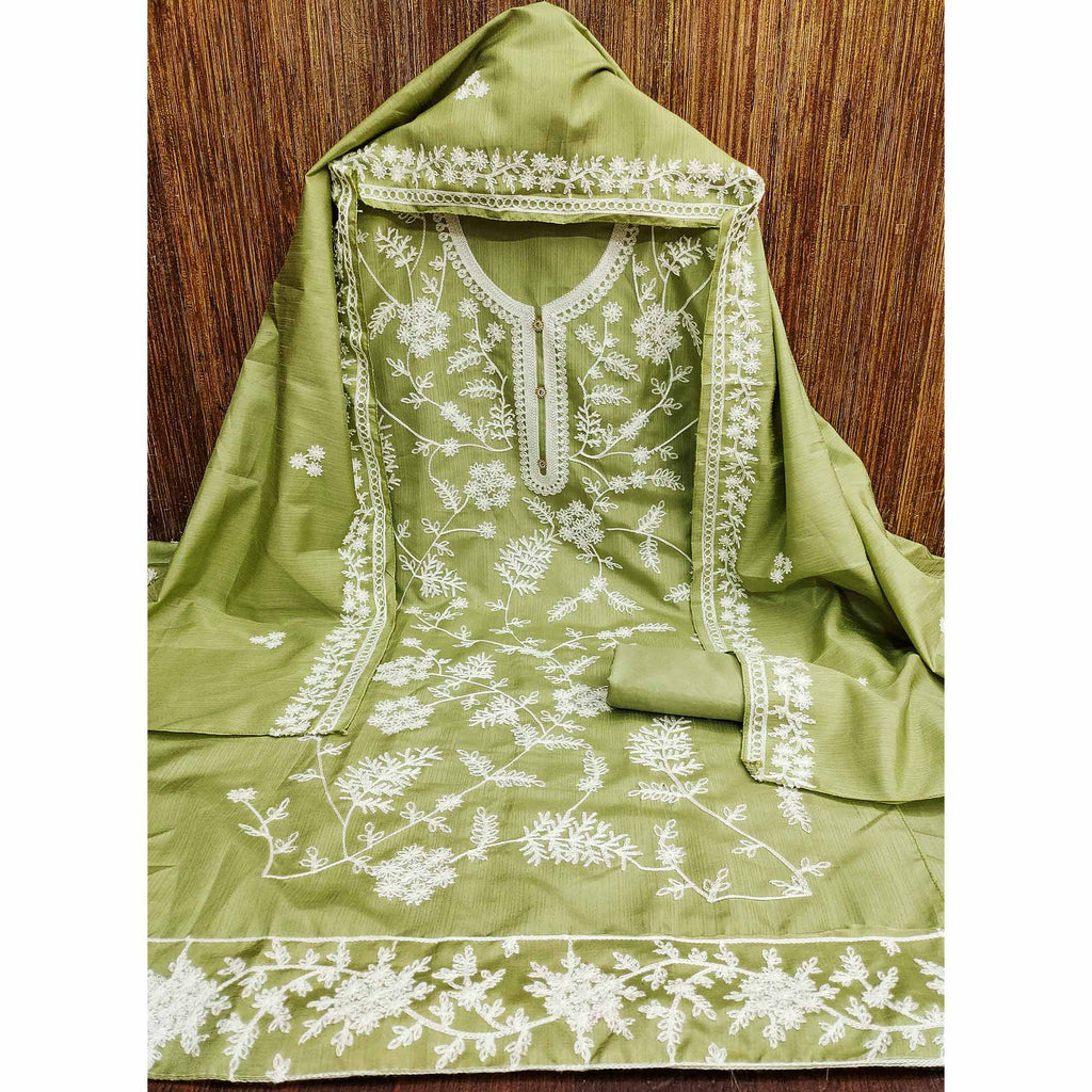 Green Floral Embroidered Art Silk Dress Material