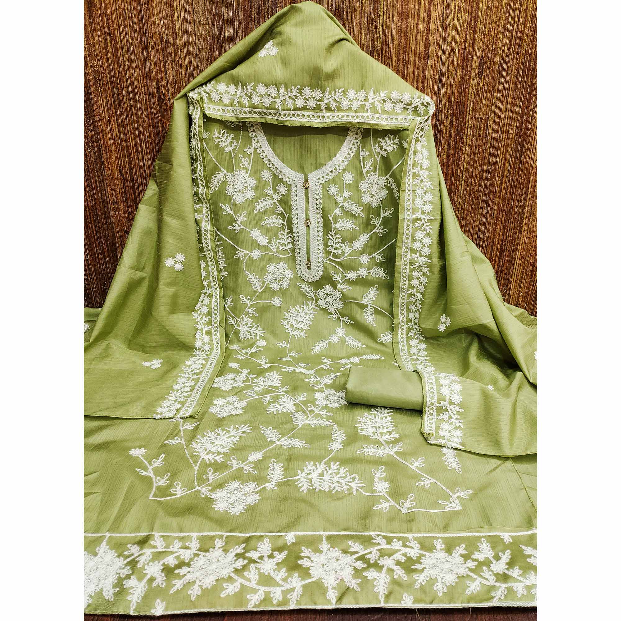 Green Floral Embroidered Art Silk Dress Material