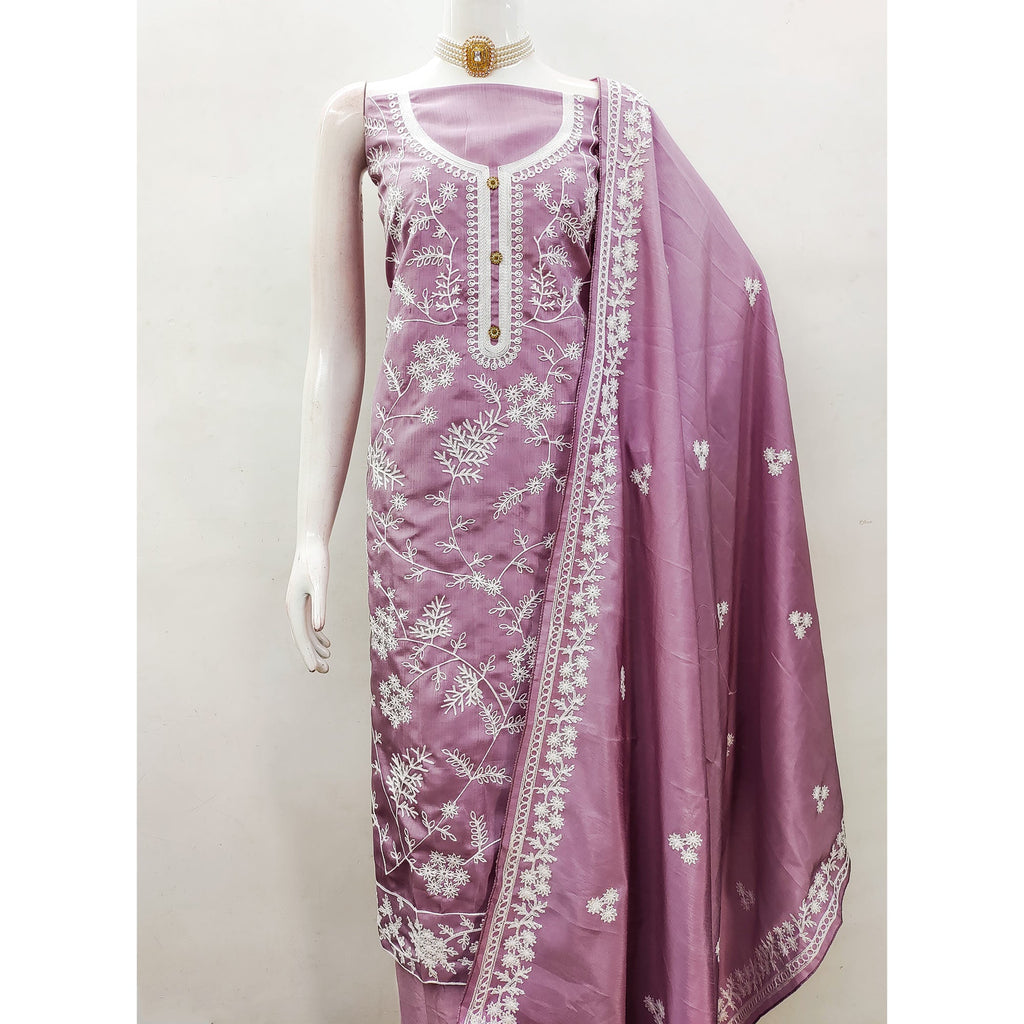 Onion Pink Floral Embroidered Art Silk Dress Material