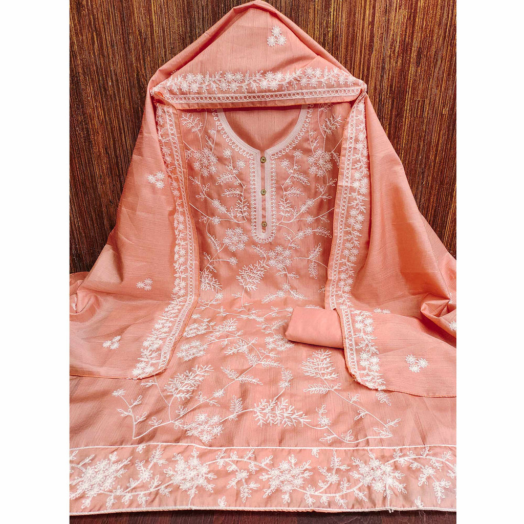 Peach Floral Embroidered Art Silk Dress Material