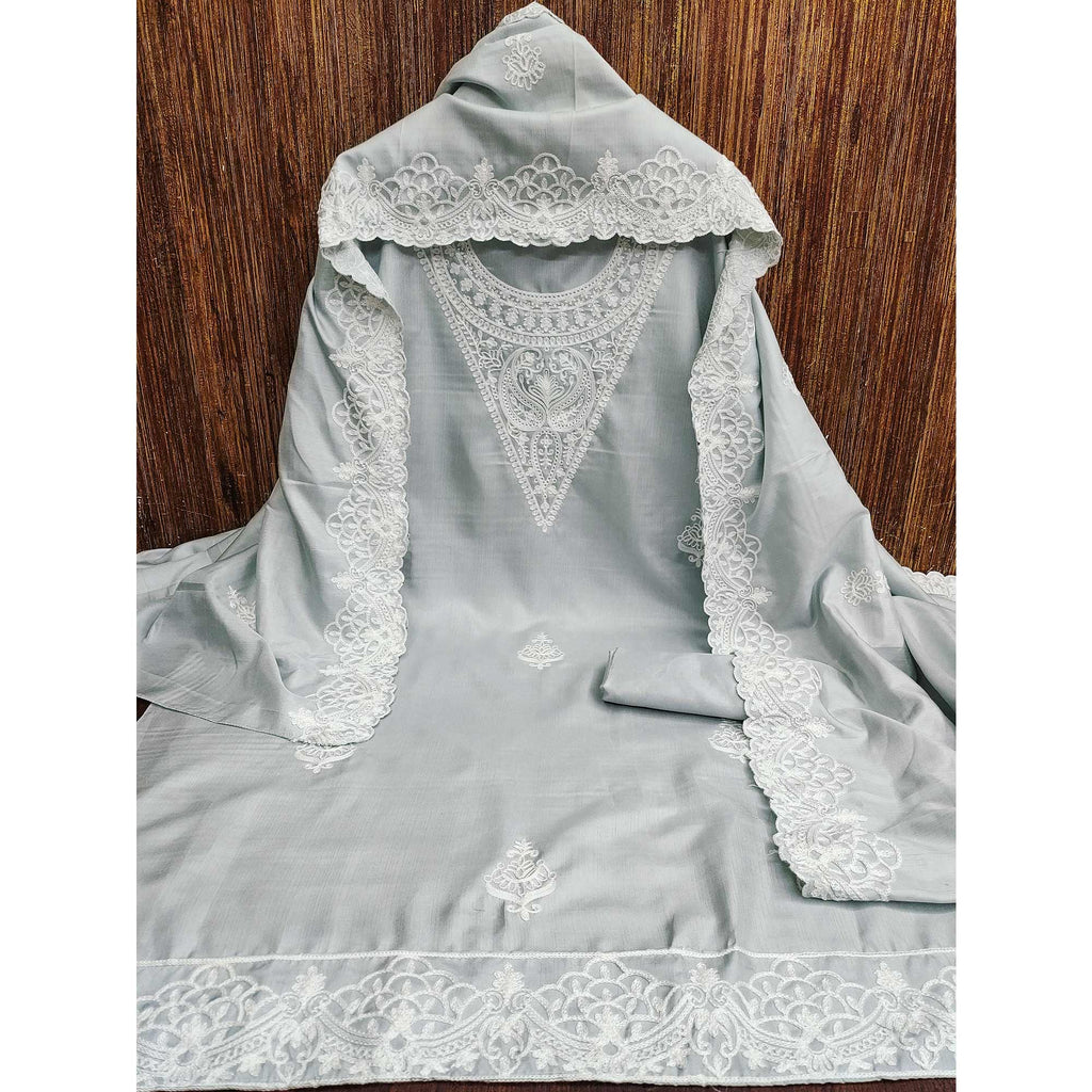 Grey Paisley Floral Embroidered Art Silk Dress Material