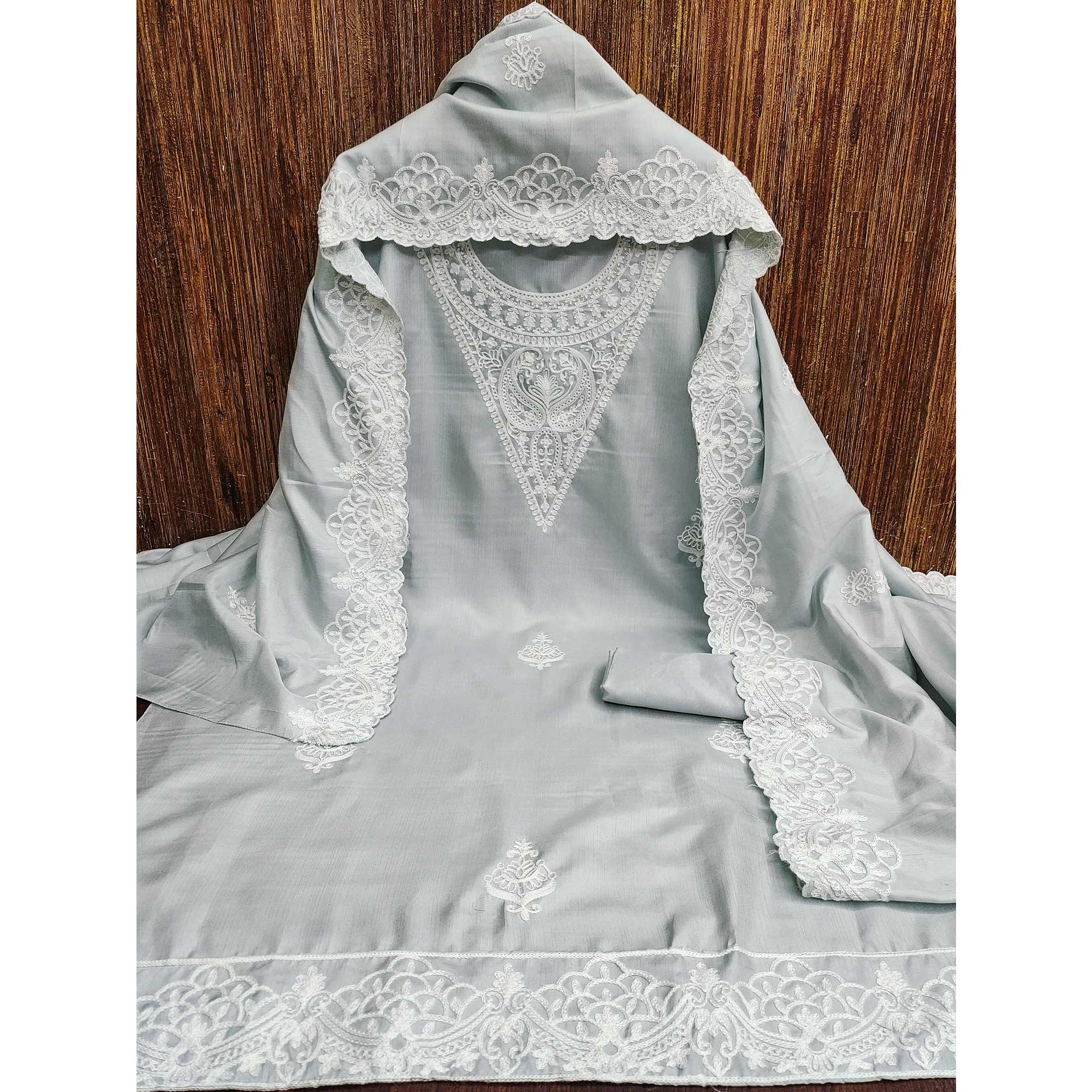 Grey Paisley Floral Embroidered Art Silk Dress Material