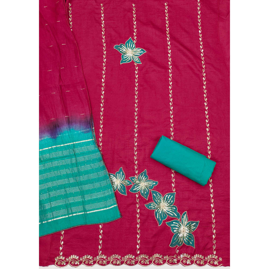 Pink Floral Sequins Embroidered Art Silk Dress Material