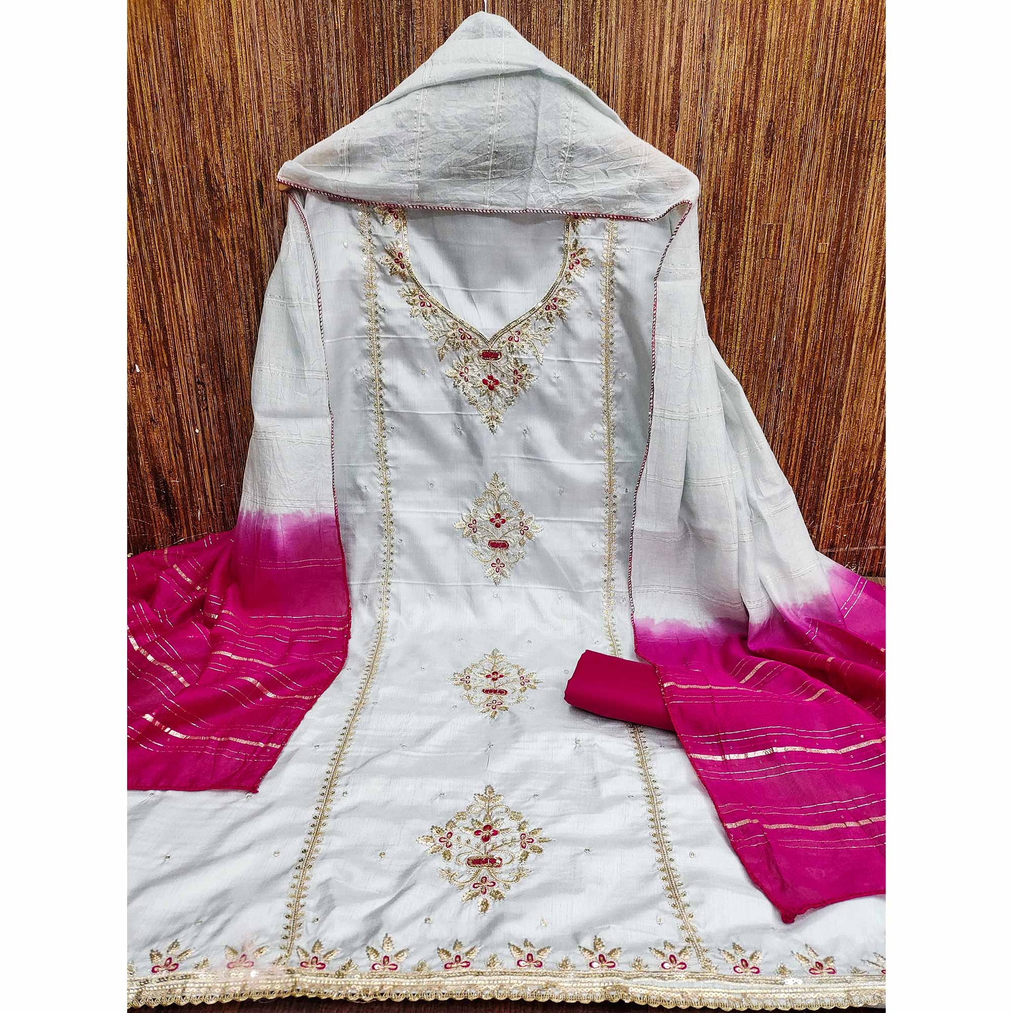 Grey Floral Sequins Embroidered Art Silk Dress Material