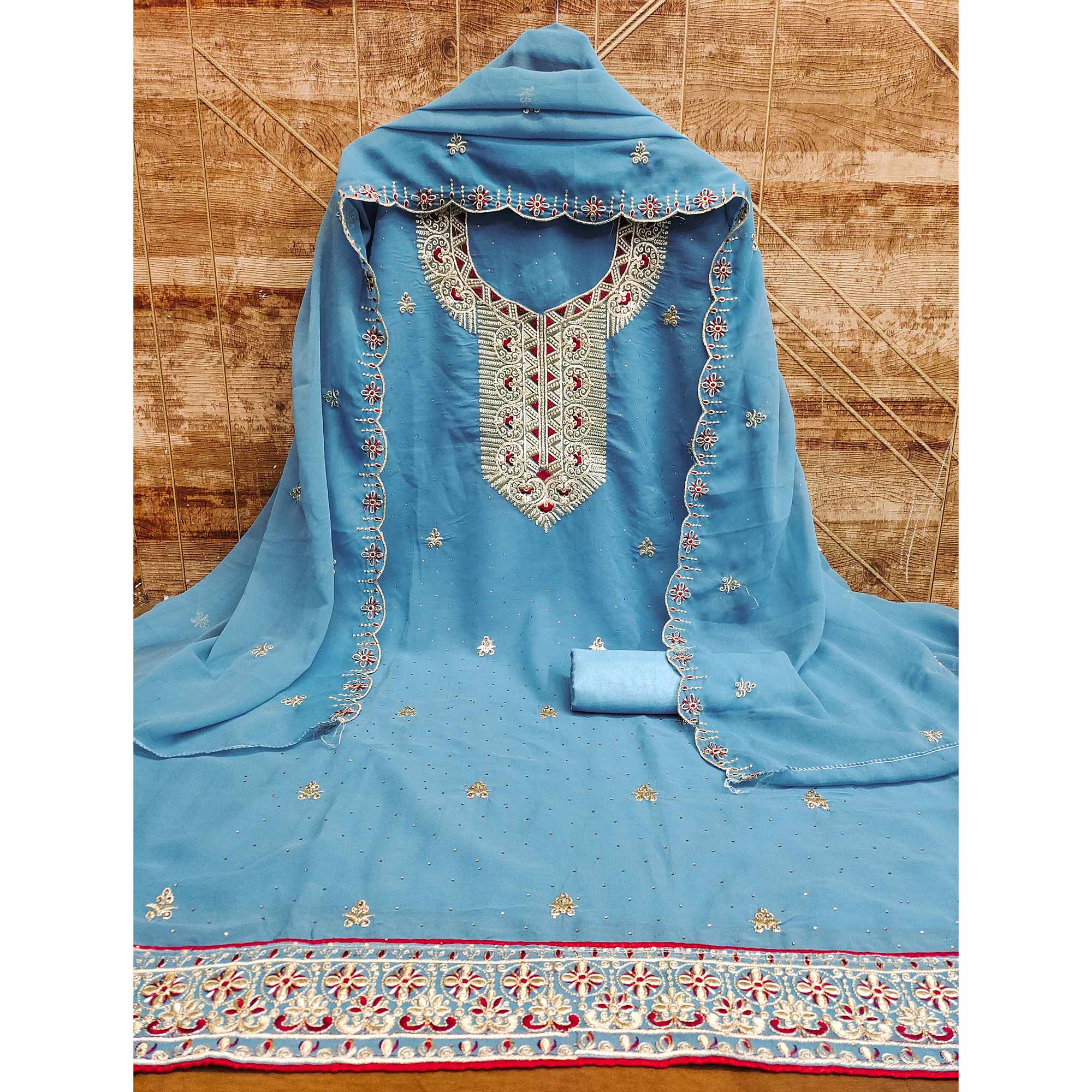 Blue Floral Embroidered With Stonework Georgette Dress Material