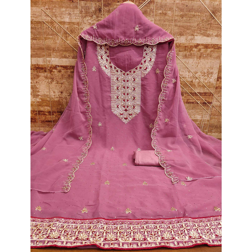 Pink Floral Embroidered With Stonework Georgette Dress Material