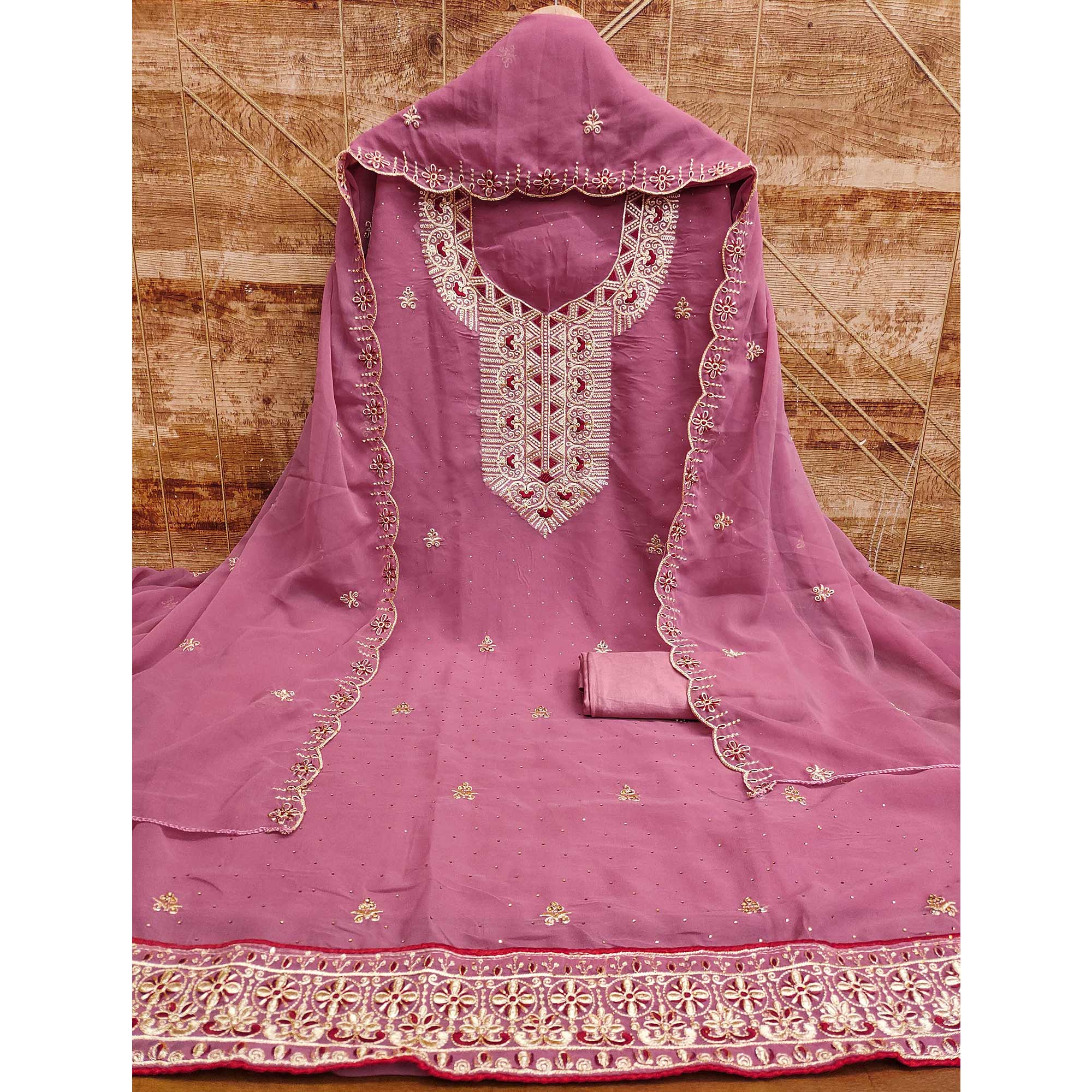 Pink Floral Embroidered With Stonework Georgette Dress Material