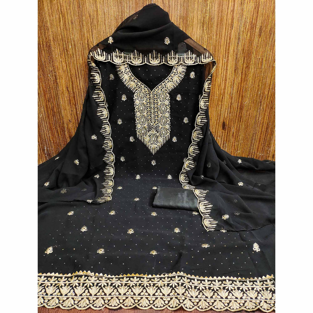 Black Floral Embroidered With Stonework Georgette Dress Material